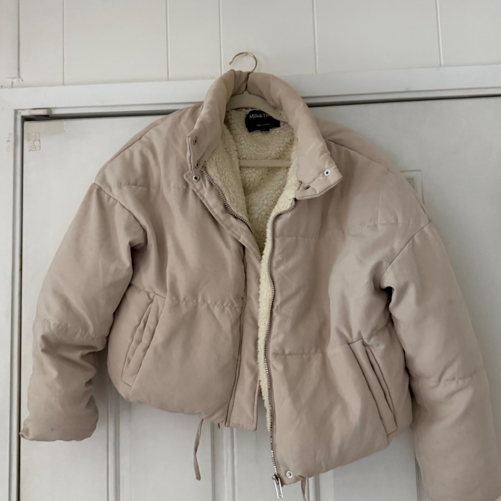 Milano Women's super cute double layered spring, crop Cream Puffer Jacket. Stay - Picture 2 of 12